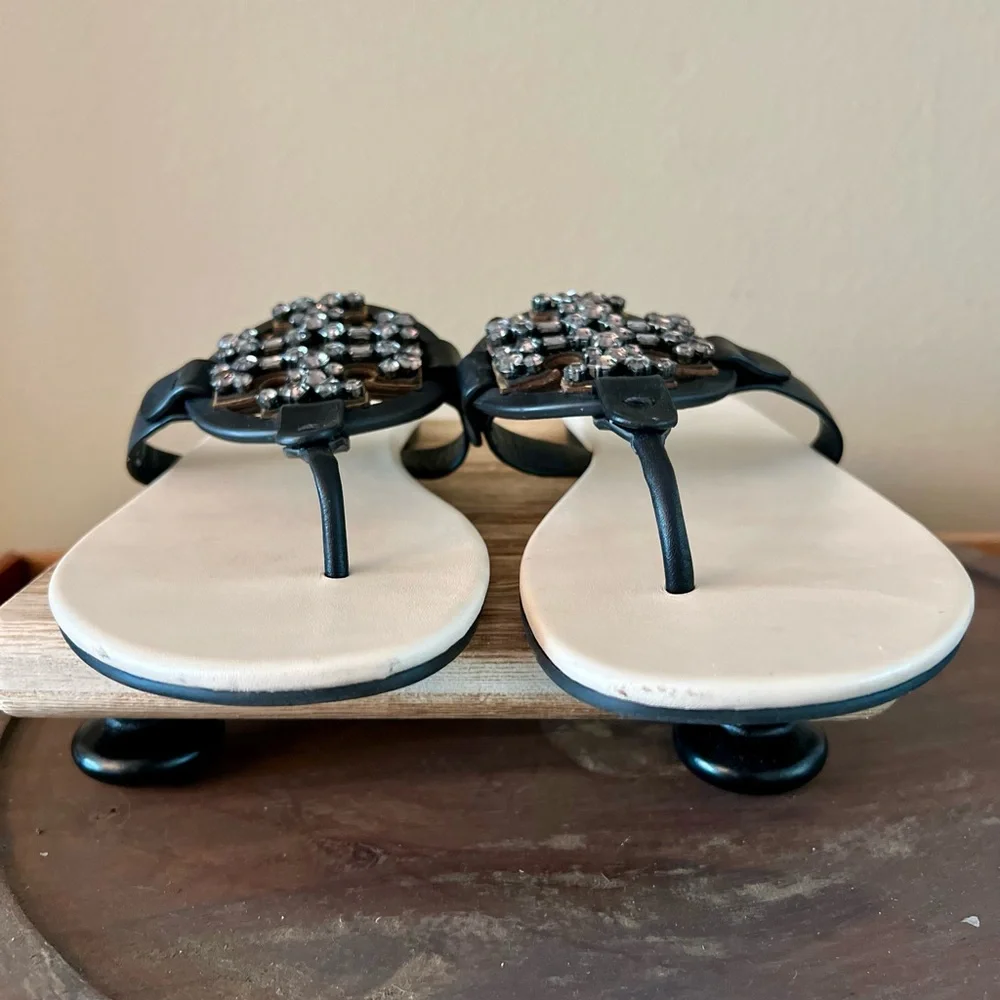 Tory Burch Black and White Rhinestone Miller Sandals - Picture 3 of 9